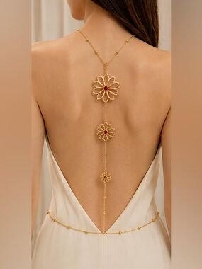 Gold Floral Body Chain Necklace Red Crystal Flower Statement Jewelry